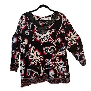Alfred Dunner Black Floral Scroll Tunic with Beaded V-Neck